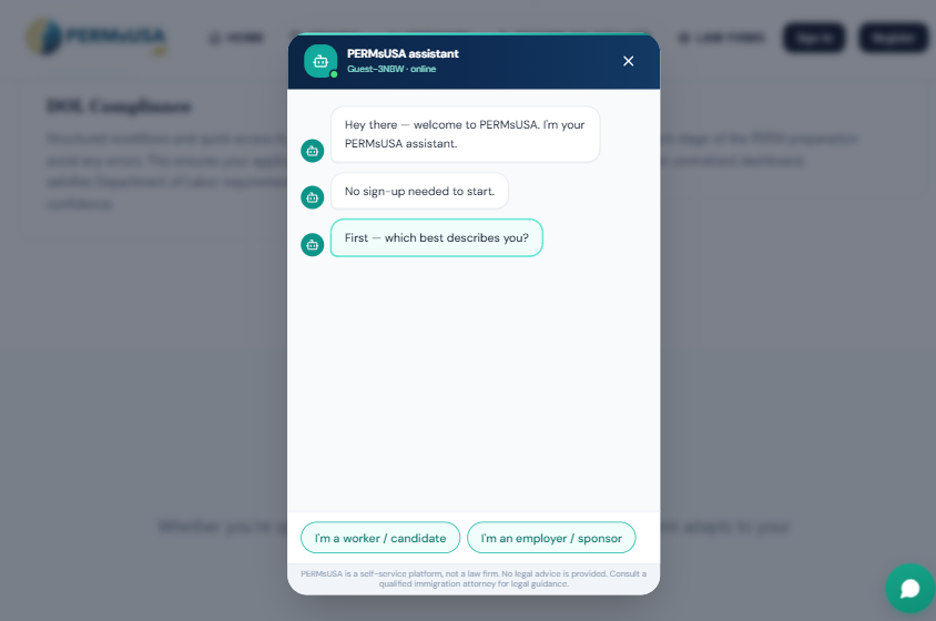 PERMsUSA assistant chat widget guiding a new user